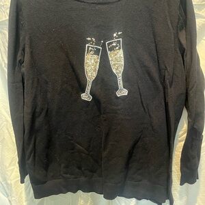 Lane Bryant Black Crewneck Sweater with Gold Sequin Champagne Glasses